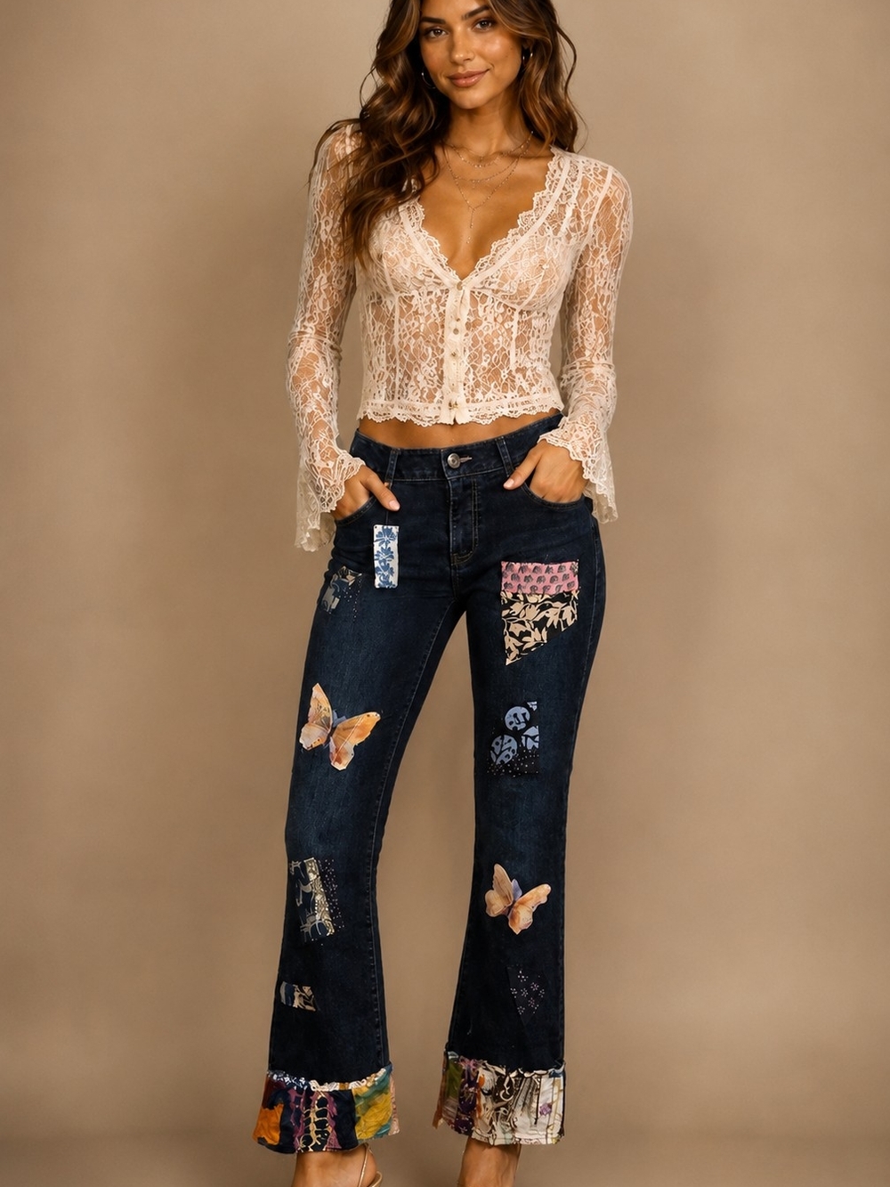 Country Road Rose upcycled, custom patchwork Cabi denim jeans
